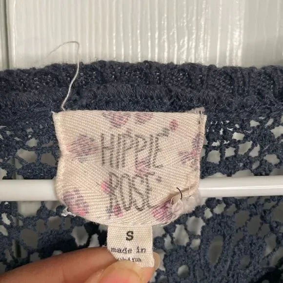 Hippie Rose Womens Crochet Open Knit Sweater S Navy Blue Retro Fishnet Pullover - Picture 3 of 6